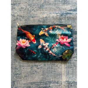 Japanese Koi Fish Flower Cotton Canvas Small Makeup Bag Travel Toiletry Pouch